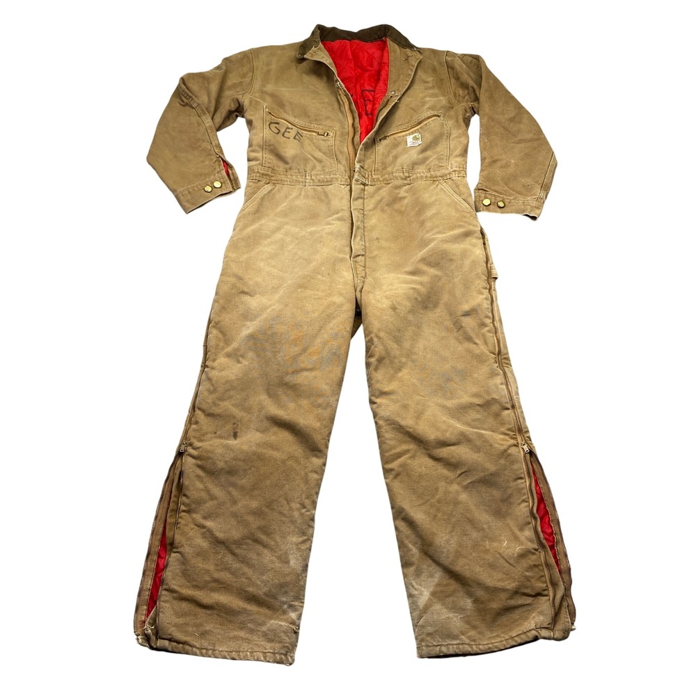 VTG Carhartt Duck Canvas‎ Quilt Lined Coveralls Brown 44 S Distressed 9960Z Zip